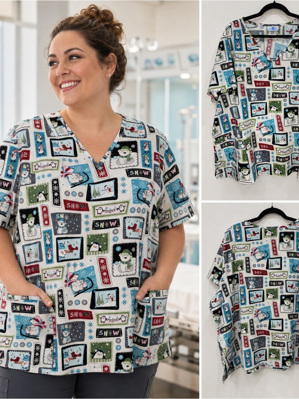 SB Scrubs Christmas Scrub Top Adult 3X Snowman Penguin Polar Bear Cotton Pockets
